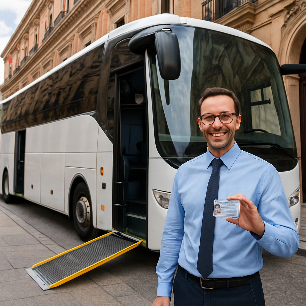 A coach parked beside a historic Madrid building, with a wheelchair ramp unfolded and a smiling driver holding a license document. Alt: Verify bus licenses, insurance, and accessibility for charter bus rentals.