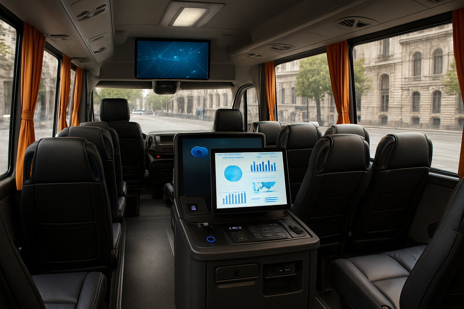 A comfortable, accessible minibus interior with onboard technology for corporate events in Madrid. Alt: Minibus interior equipped for corporate events in Madrid.