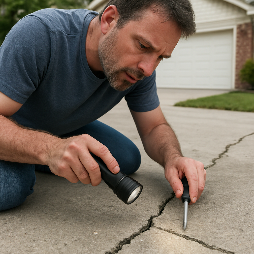 A photorealistic scene of a homeowner inspecting a cracked concrete driveway with a flashlight and screwdriver, showing the crack details up close. Alt: Inspecting cracked concrete driveway step.