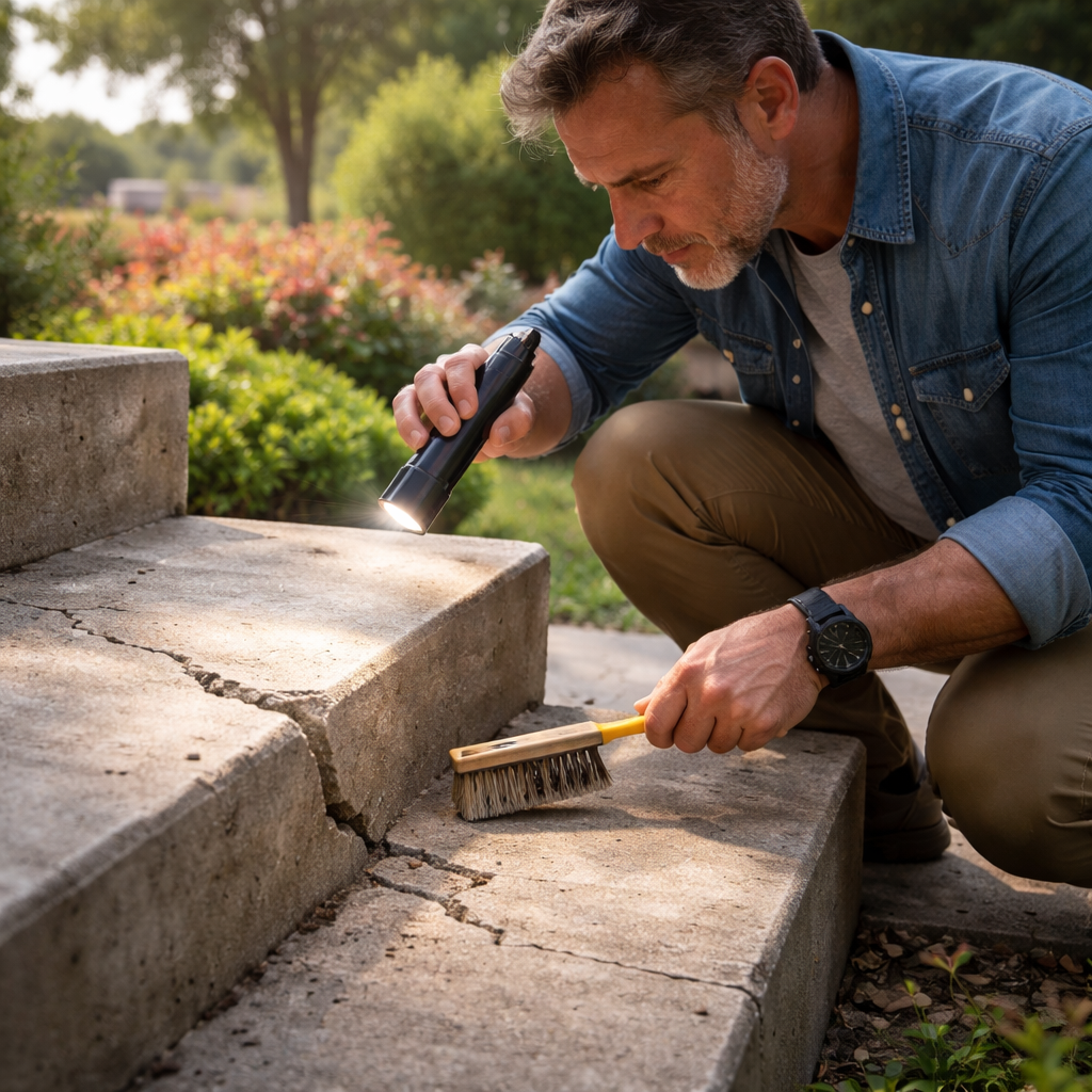 A photorealistic scene of a homeowner inspecting a cracked exterior concrete step, holding a flashlight and brush, with a garden background. Alt: Assess damage cracked concrete step repair.