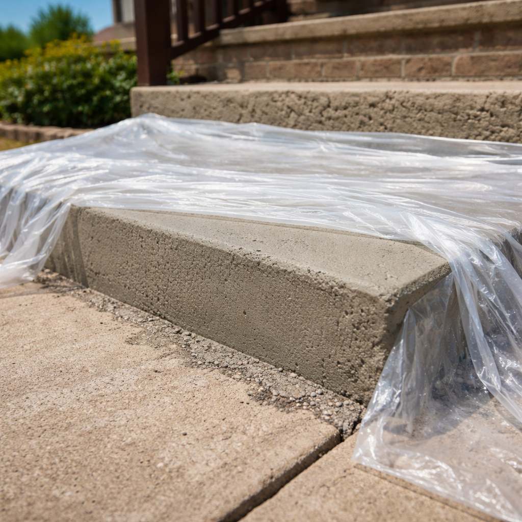 A photorealistic close‑up of a newly patched concrete step under a clear sky, a plastic sheet loosely draped over it to protect the cure. Alt: concrete step cure protection