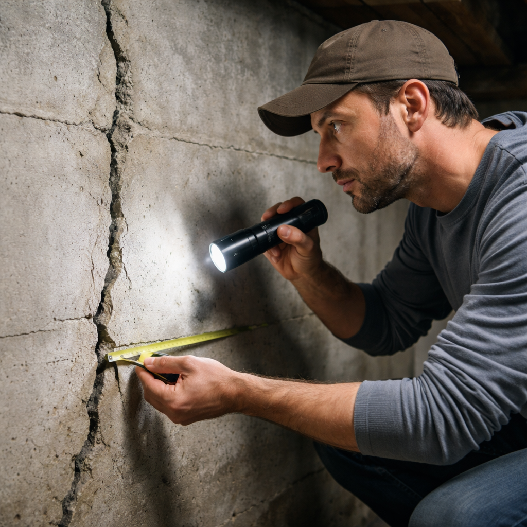 A photorealistic image of a homeowner inspecting a foundation wall crack with a flashlight, measuring the crack width, realistic lighting. Alt: homeowner measuring foundation crack