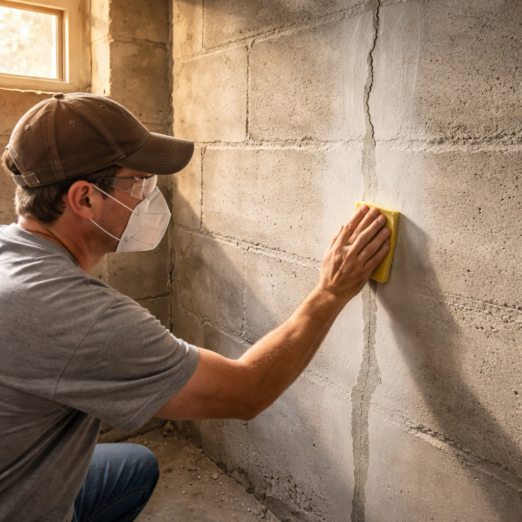 A realistic photo of a homeowner sanding a repaired foundation wall crack, sunlight spilling into a basement, showing smooth sanded surface and surrounding concrete. Alt: Sanding a repaired foundation wall crack for a smooth finish.