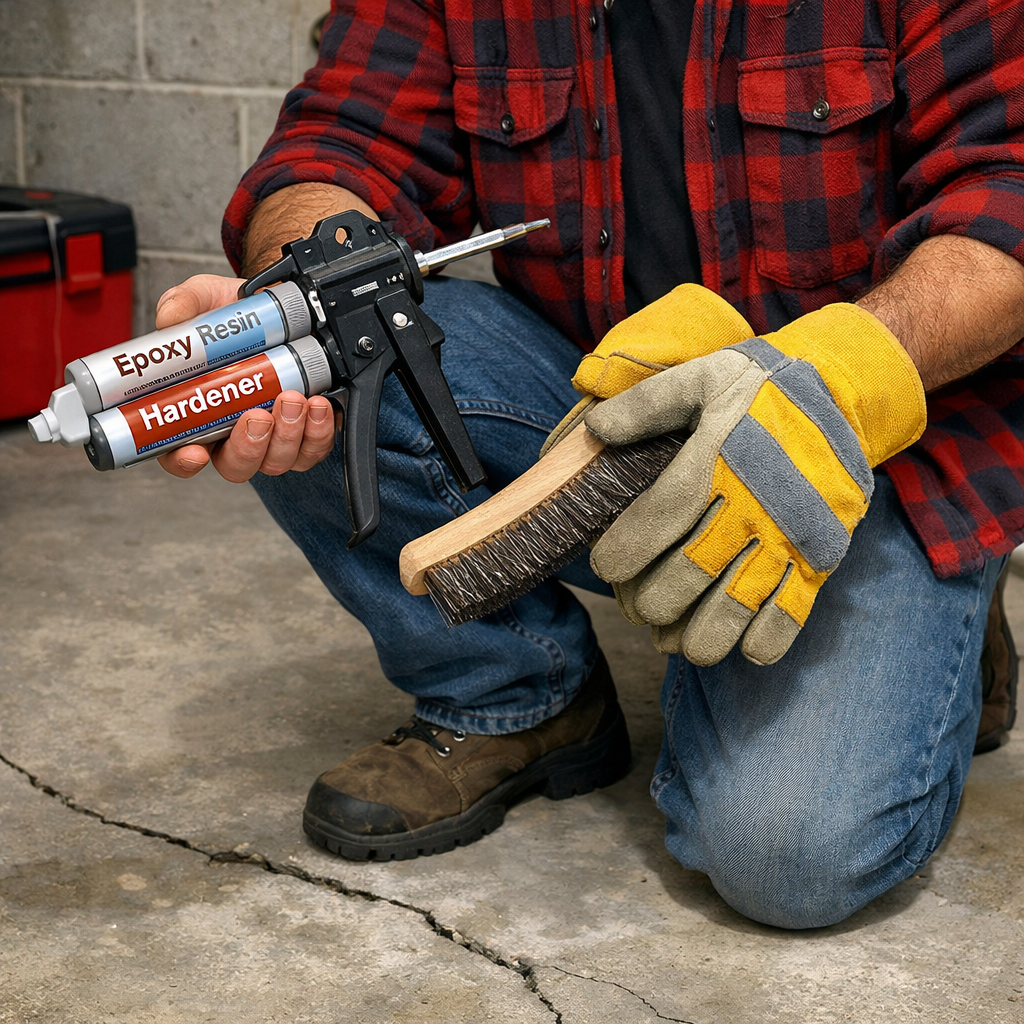 A realistic scene of a homeowner holding an epoxy injection kit, a wire brush, and safety gloves on a basement floor. Alt: homeowner with epoxy repair tools.