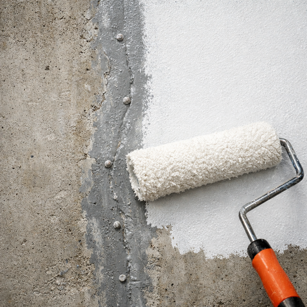 A realistic close‑up of a freshly sanded concrete wall with a paint roller applying fresh paint over an epoxy repair. Alt: close‑up of paint over epoxy repaired foundation wall.