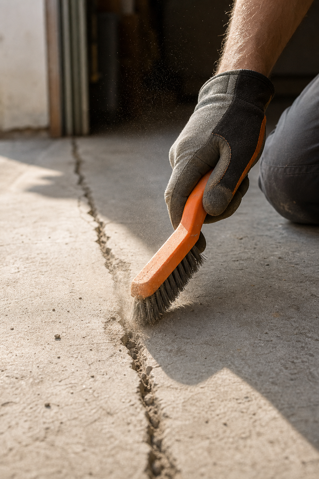 A realistic close-up of a person wearing work gloves holding a wire brush, cleaning a narrow crack in a concrete garage floor. Dust particles are visible in the sunlight. Alt: Cleaning a crack in a garage floor with a wire brush before applying repair compound.