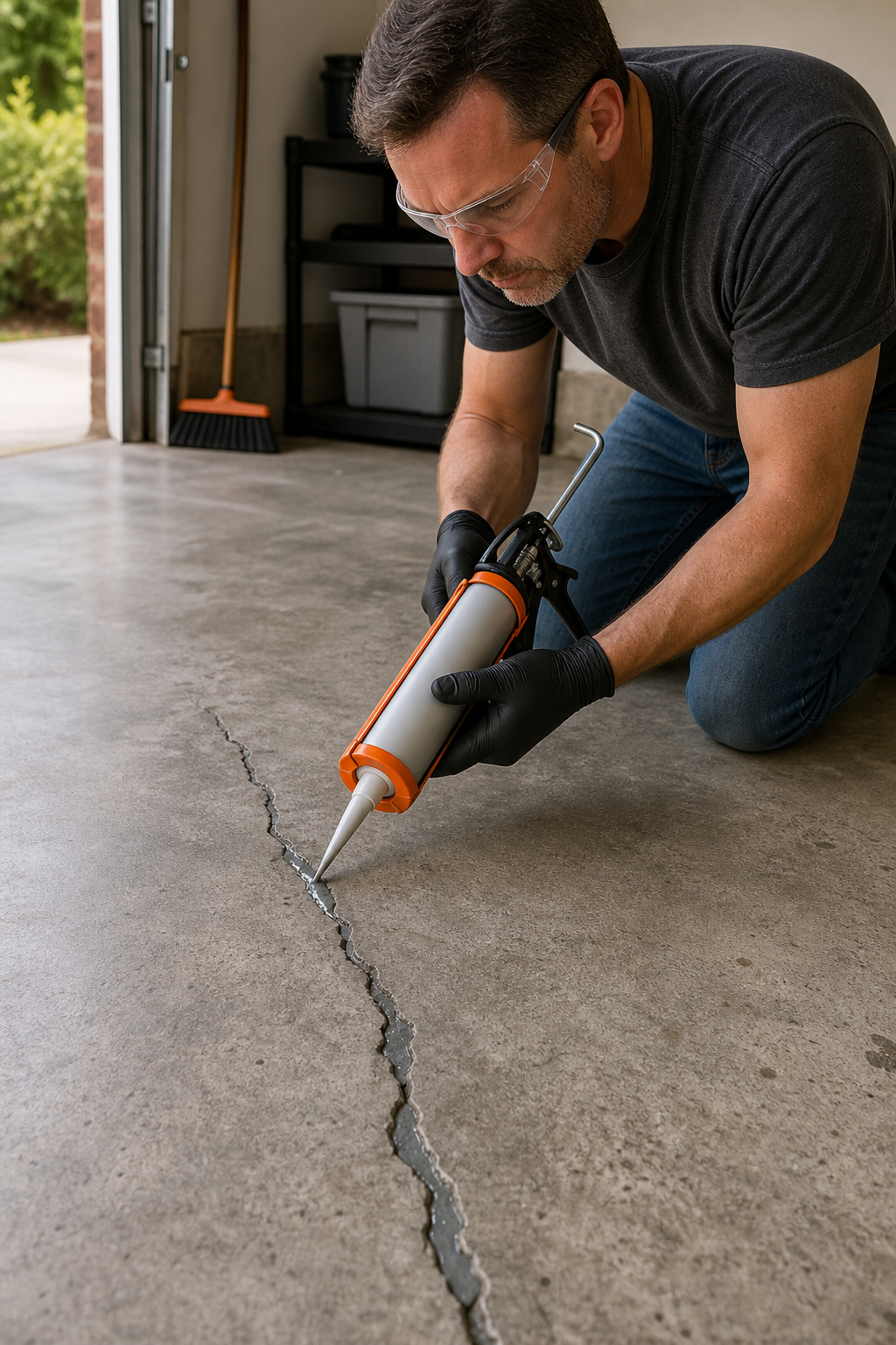 A realistic scene of a DIYer using a caulk gun to inject epoxy filler into a prepared crack on a garage floor. The person is wearing gloves and safety glasses. Alt: Applying epoxy crack filler into a garage floor crack using a caulking gun.