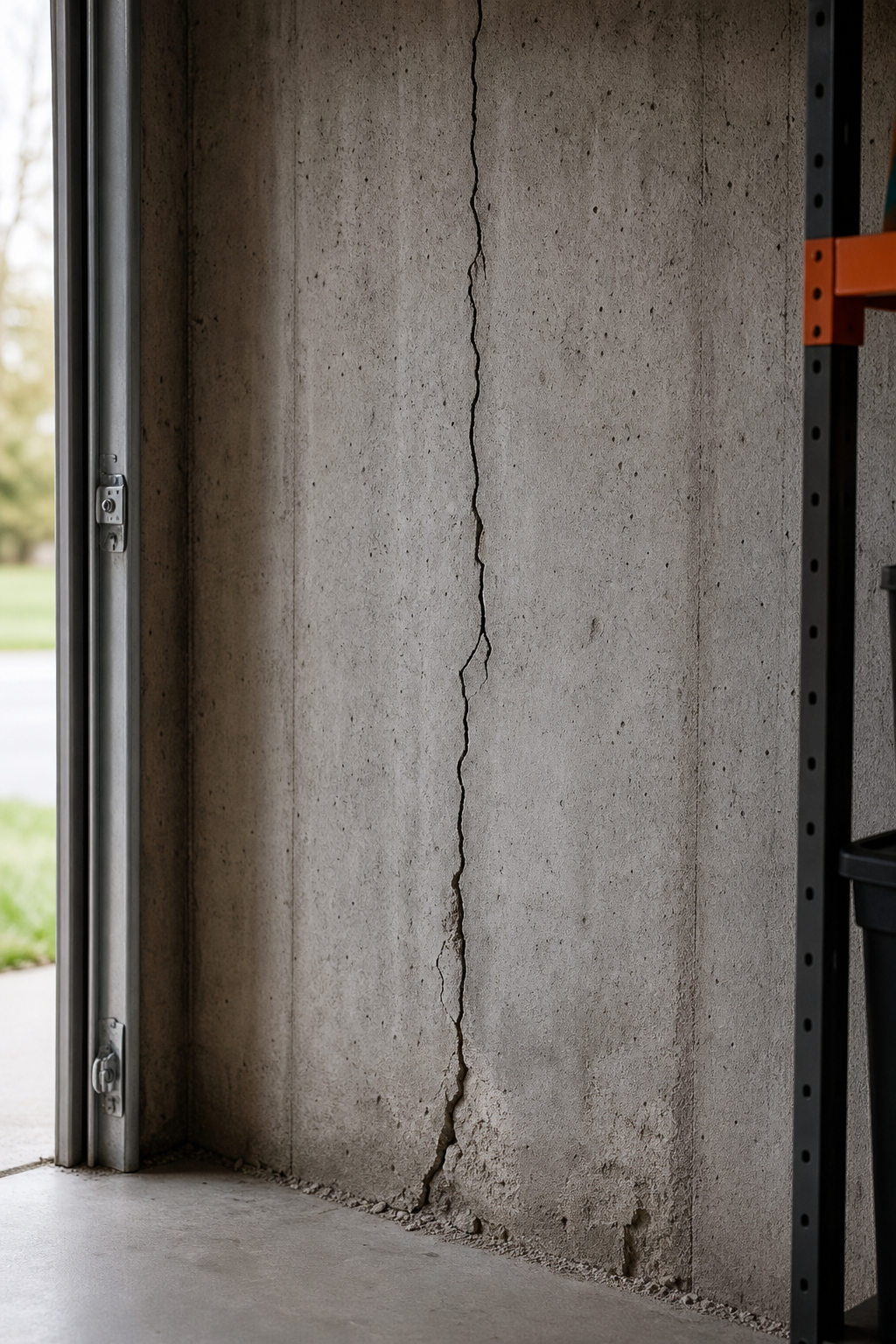 A close-up photorealistic image of a concrete garage wall with a vertical crack, emphasizing the need for assessment. Alt: Assessing a cracked garage wall to determine repair method.