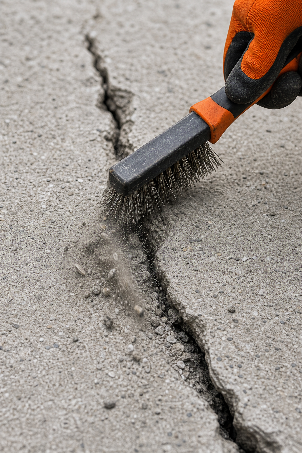 A realistic close-up shot of a concrete patio crack being cleaned with a wire brush. A person's gloved hand holds the brush, removing debris. The background shows a patio with leaves. Alt: Cleaning a concrete crack with a wire brush.