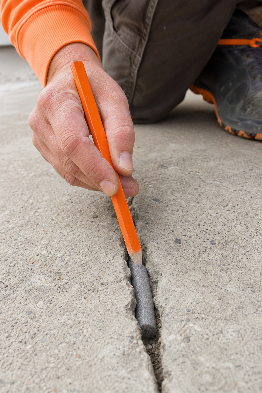 A realistic image of a person using a caulking gun to apply filler into a concrete crack on a patio. The crack runs horizontally, and the filler is a smooth beige line. Alt: Applying concrete crack filler with a caulking gun.