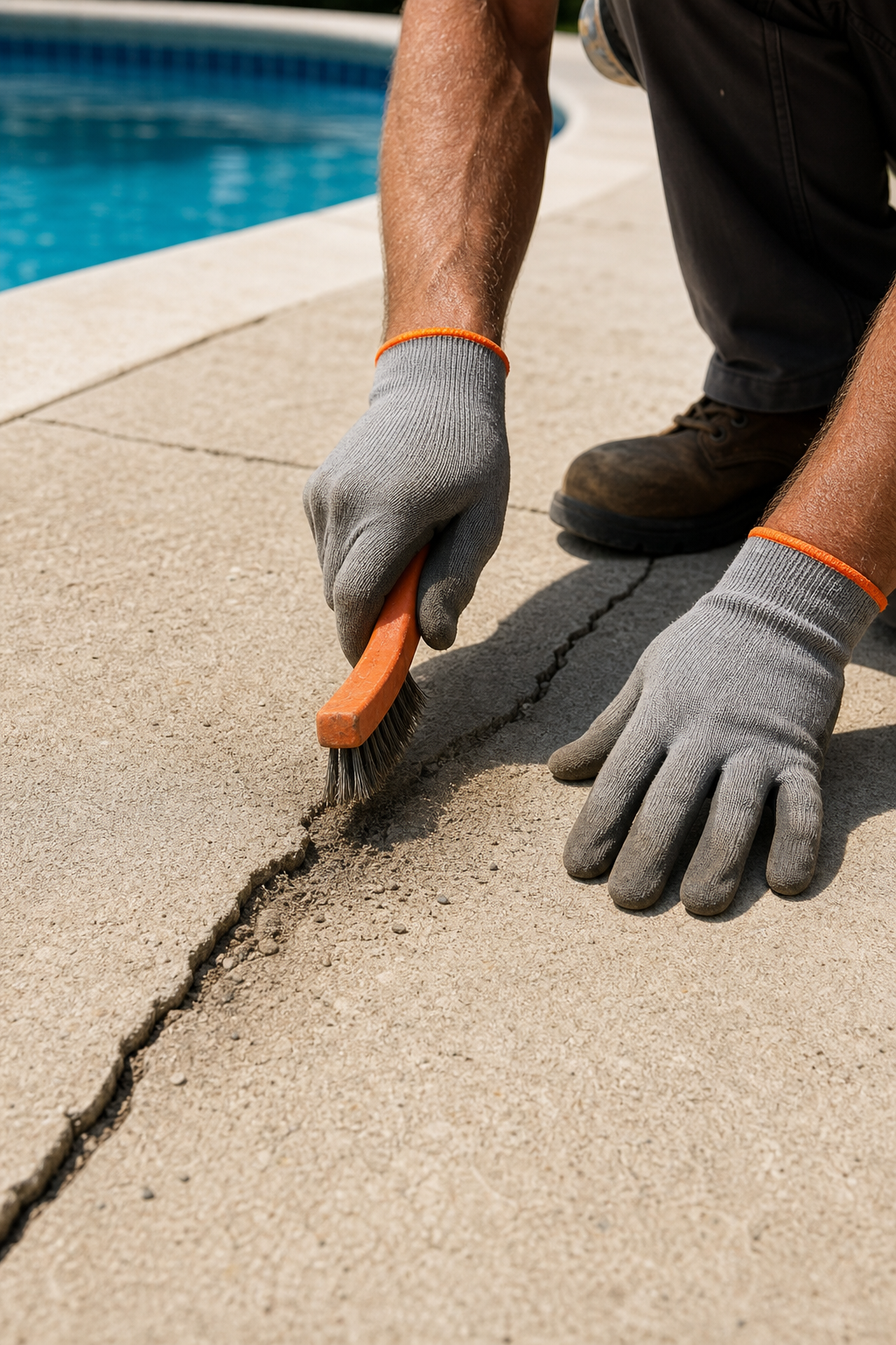 A close-up photo of a person cleaning a crack in a concrete pool deck with a wire brush, showing the crack being swept out. Alt: Cleaning a crack in a concrete pool deck with a wire brush to prepare for repair.