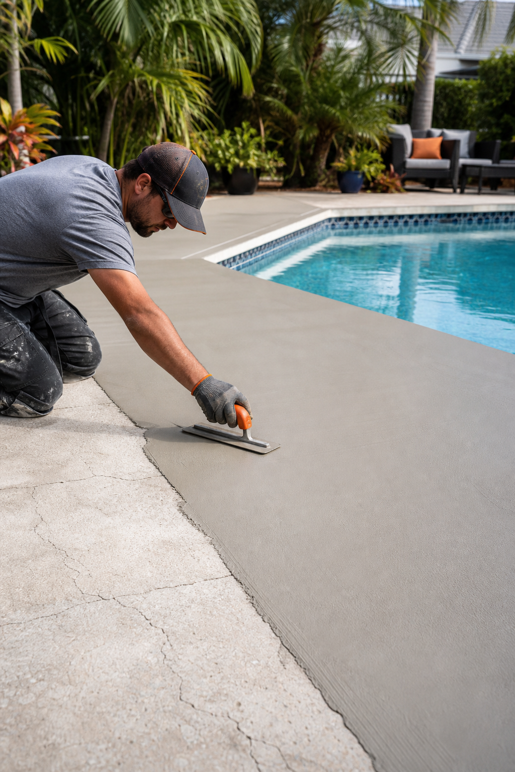 A wide shot of a person applying a concrete resurfacer over an existing pool deck with a trowel, showing the smooth finish. Alt: Applying concrete resurfacer to a pool deck to repair cracks and create a new surface.