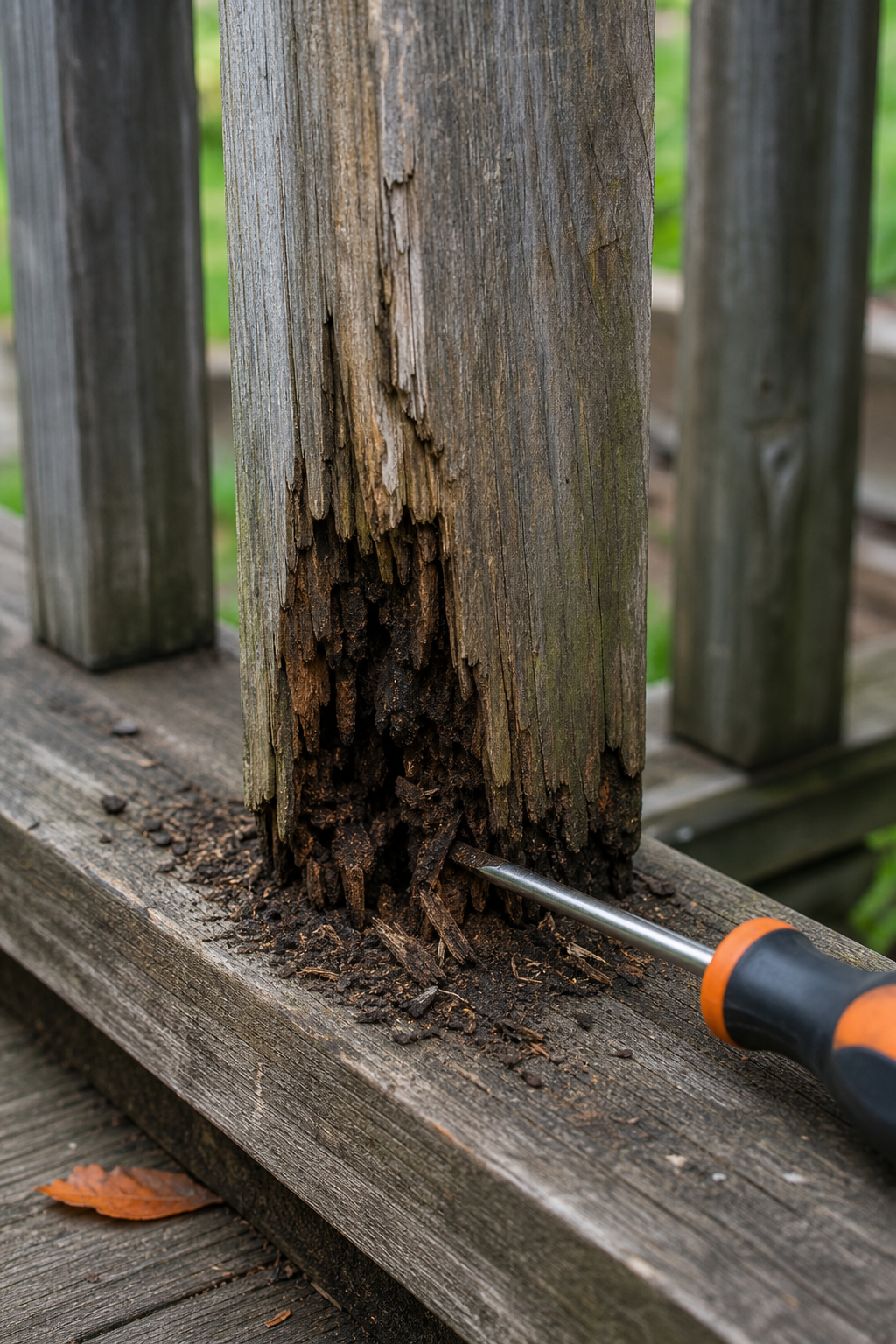 A close-up photograph of a wooden porch railing with visible rot at the bottom of a baluster, showing a screwdriver probing the decayed area. The wood appears dark and crumbling. Alt: Inspecting rot on a damaged porch railing with a screwdriver.