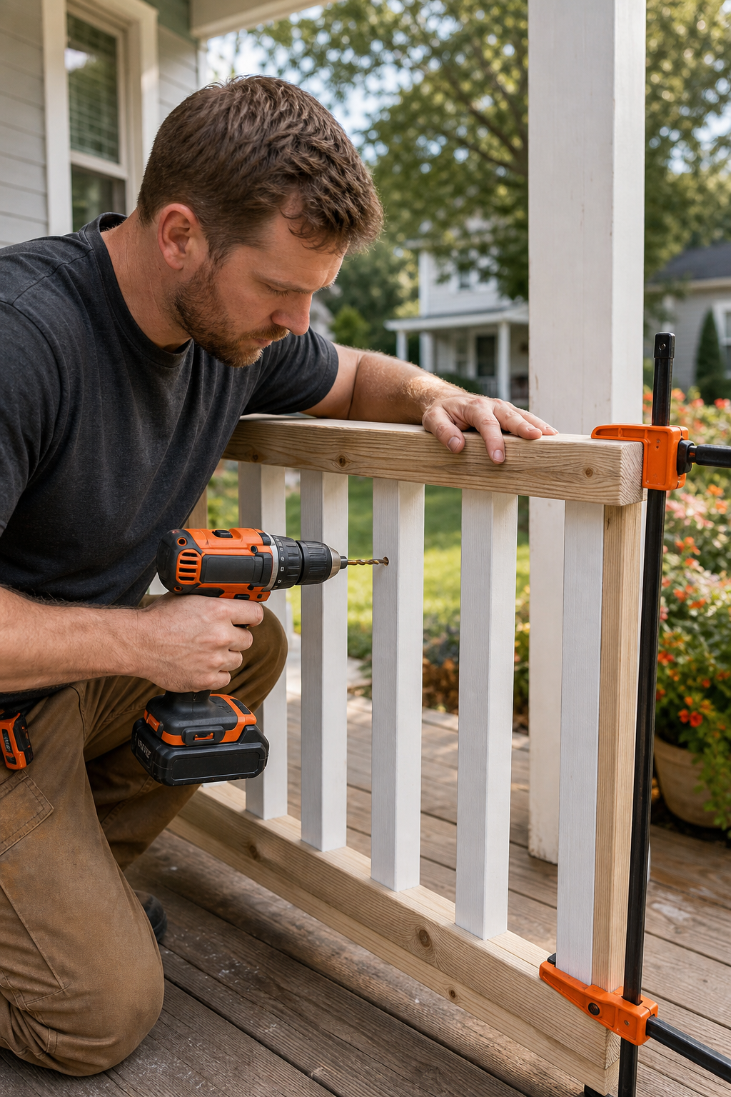 A step-by-step shot of a person using a cordless drill to pre-drill holes into a new wooden railing before driving screws. The railing is positioned on the porch, with clamps holding it in place. Alt: Pre-drilling holes for screws when installing a new porch railing.