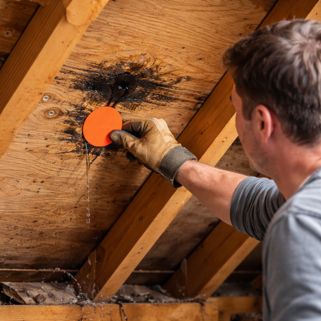 A photorealistic scene of a homeowner using a bright sticker to highlight a leak spot on an attic roof deck, showing the area to be repaired. Alt: locate source of attic roof leak