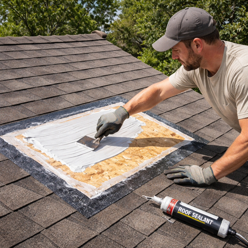 A photorealistic scene of a homeowner smoothing roofing sealant on a repaired attic roof patch, bright daylight, realistic textures, alt: Finish and prevent future roof leaks.