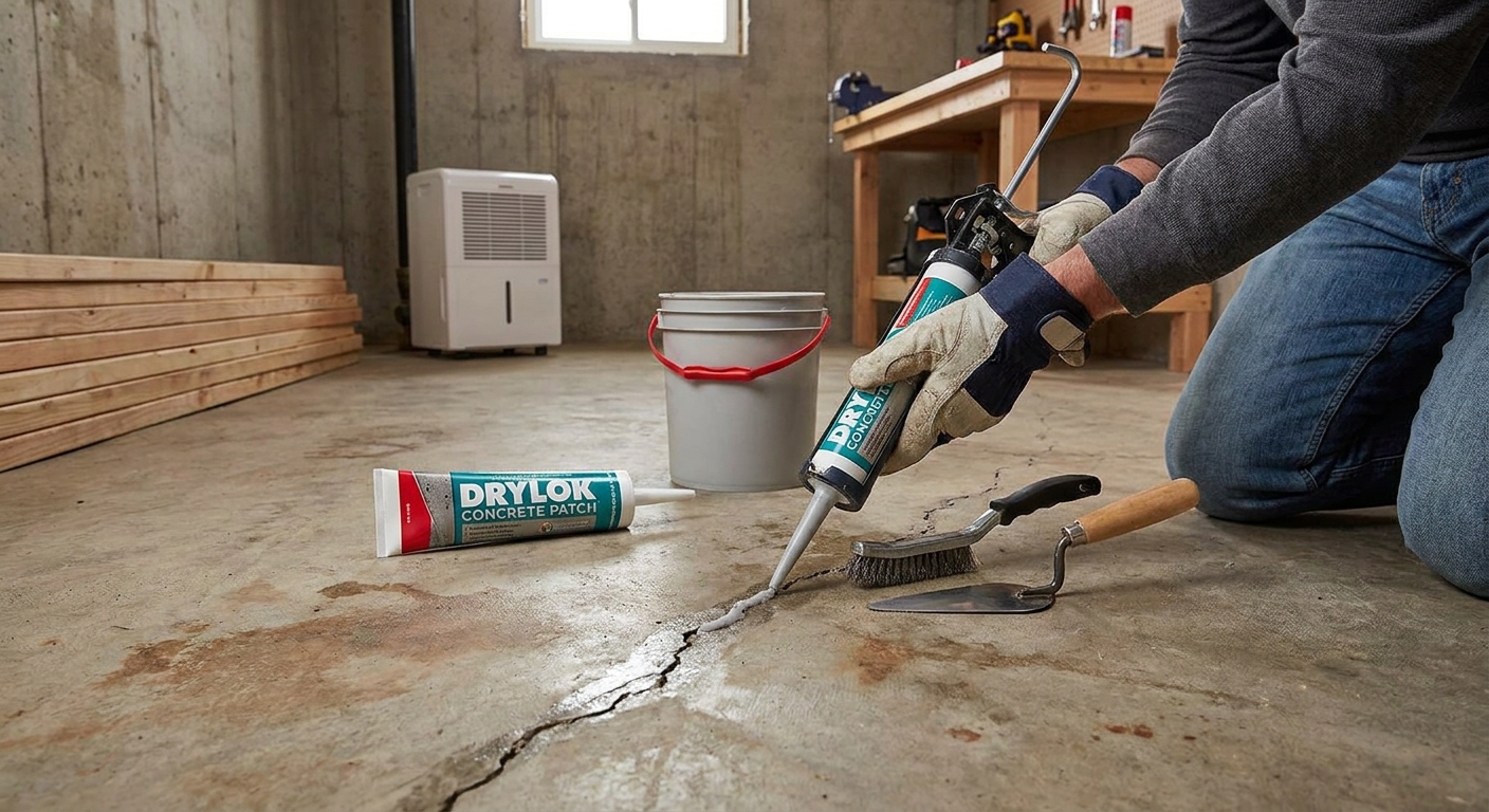 A photorealistic image related to how-to-repair-a-leaking-basement-floor-crack. Alt: how-to-repair-a-leaking-basement-floor-crack