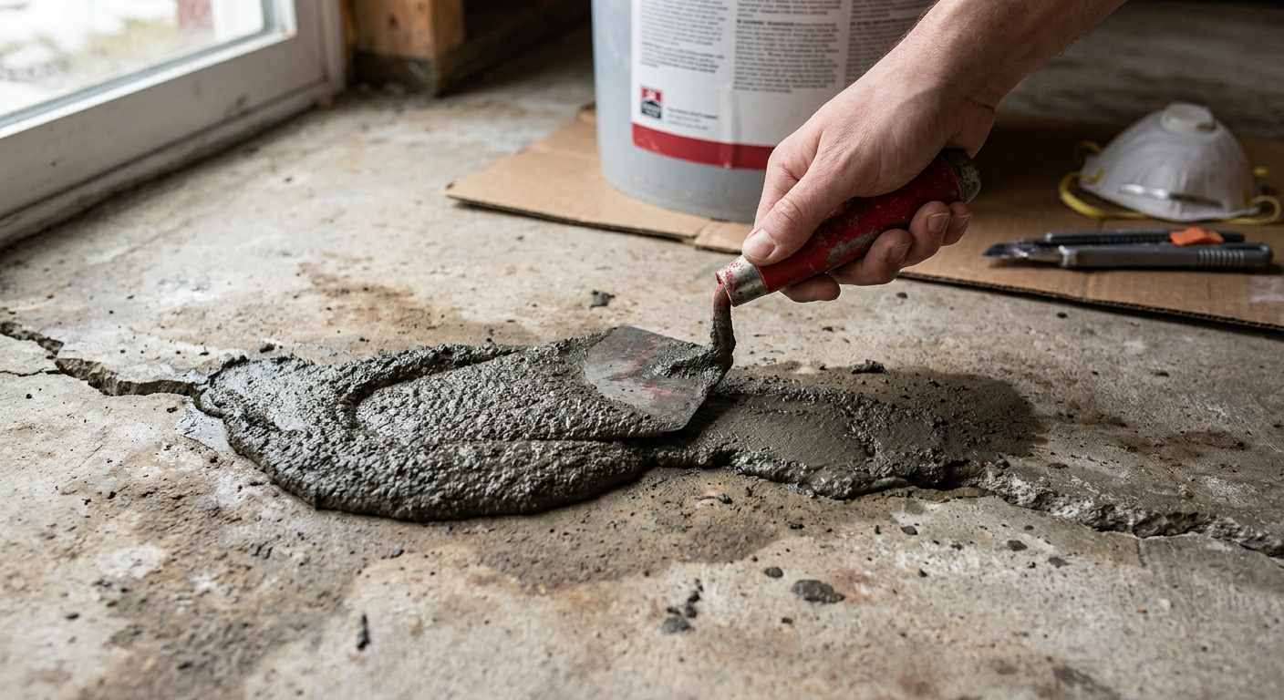A realistic close‑up of a freshly mixed hydraulic cement paste being applied into a specific floor crack with a trowel. Alt: hydraulic cement repair in basement floor