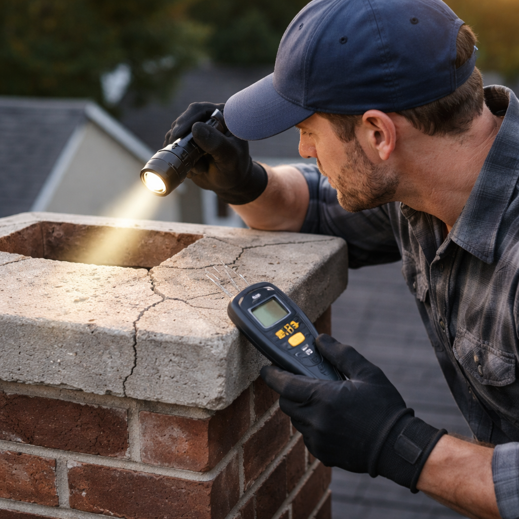 A photorealistic image of a homeowner inspecting a chimney crown with a flashlight, showing cracks and a moisture meter in hand. Alt: Inspecting chimney crown for leaks