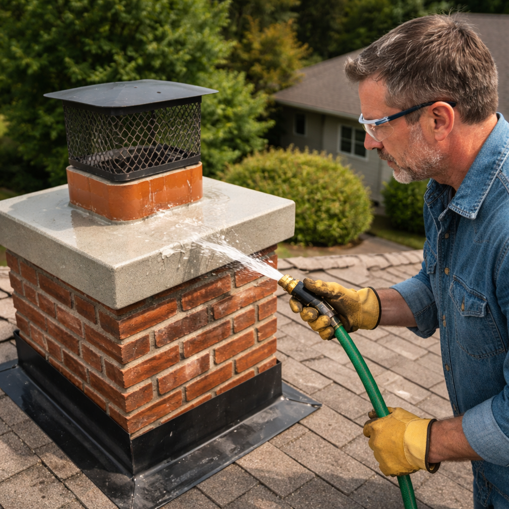 A photorealistic image of a homeowner inspecting the chimney crown after repair, checking for water with a hose, wearing gloves and safety glasses. Alt: Final inspection of a repaired chimney crown.