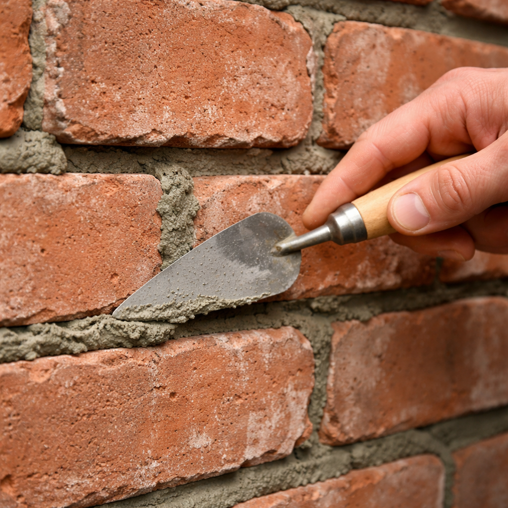 A photorealistic close‑up of a hand using a pointing trowel to fill a brick mortar joint, with fresh gray mortar visible in the gap, realistic lighting, showing the step of packing mortar, Alt: How to repair brick mortar joints – assessing damage and prepping