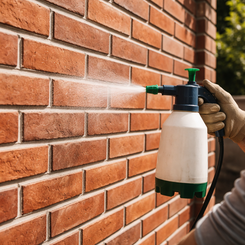 A photorealistic image of a freshly pointed brick wall showing smooth V-joints, with a worker lightly misting the bricks on a sunny day. Alt: Finishing and curing brick mortar joints.