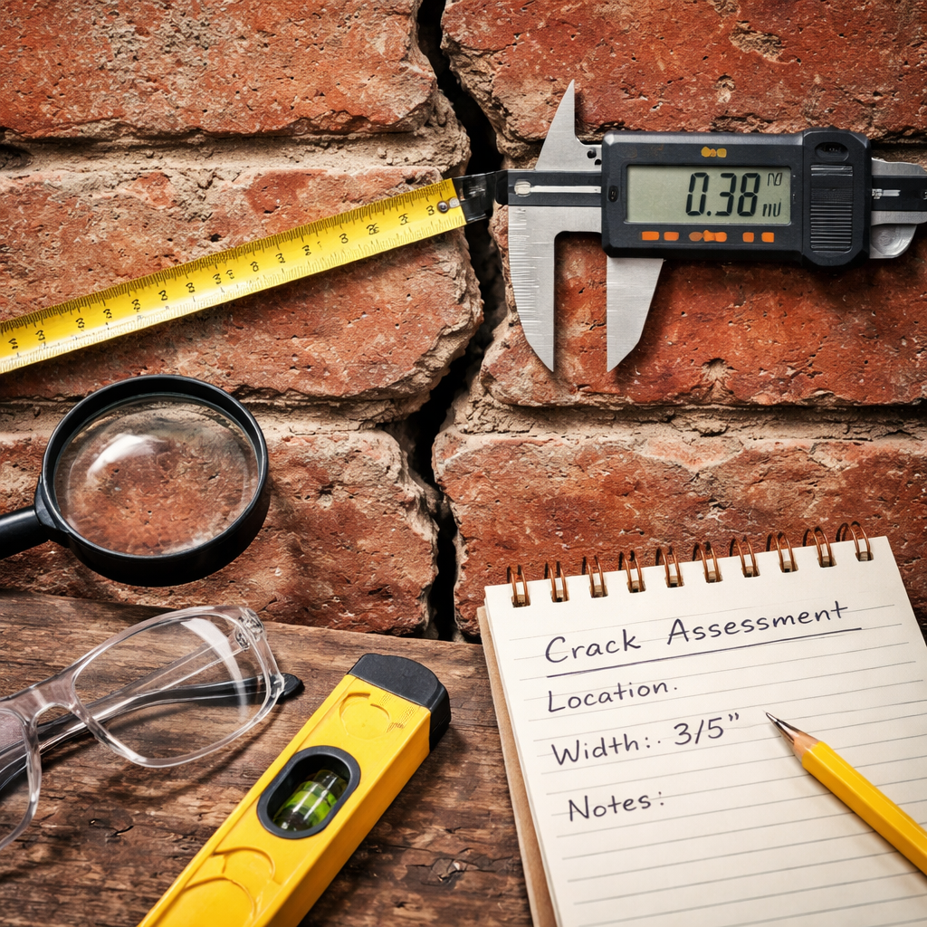A realistic close‑up of a brick wall with a visible crack, showing measurement tools and a notepad for documentation. Alt: detailed view of cracked brick wall assessment