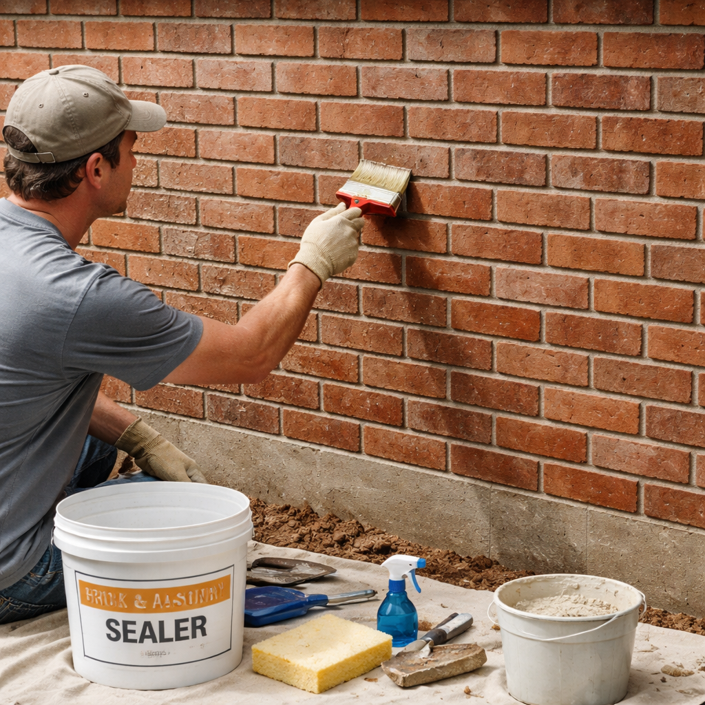 A realistic scene of a homeowner applying a finishing coat to a repaired brick wall, with tools and a clean, sealed surface. Alt: finishing touches on repaired brick wall