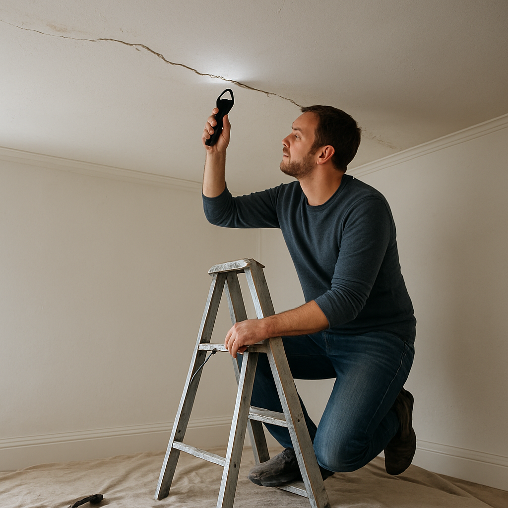 A photorealistic scene of a homeowner kneeling on a ladder, inspecting a plaster ceiling crack with a flashlight, drop cloth on the floor, and tools laid out nearby. Alt: How to inspect a cracked plaster ceiling for DIY repair.