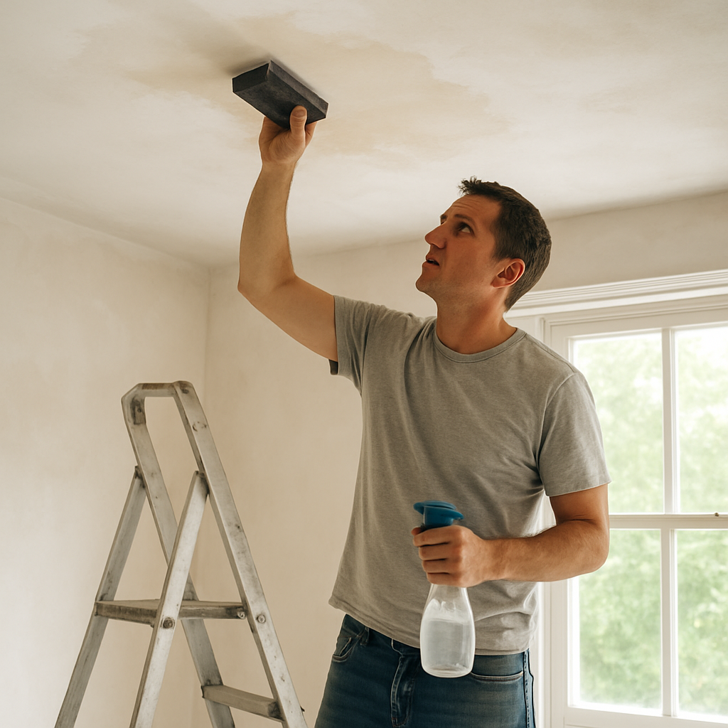 A photorealistic scene of a homeowner on a ladder sanding a freshly patched plaster ceiling, holding a fine‑grit sanding block, with a spray bottle nearby and natural daylight streaming in, Alt: How to sand and prime a repaired plaster ceiling for a seamless finish.