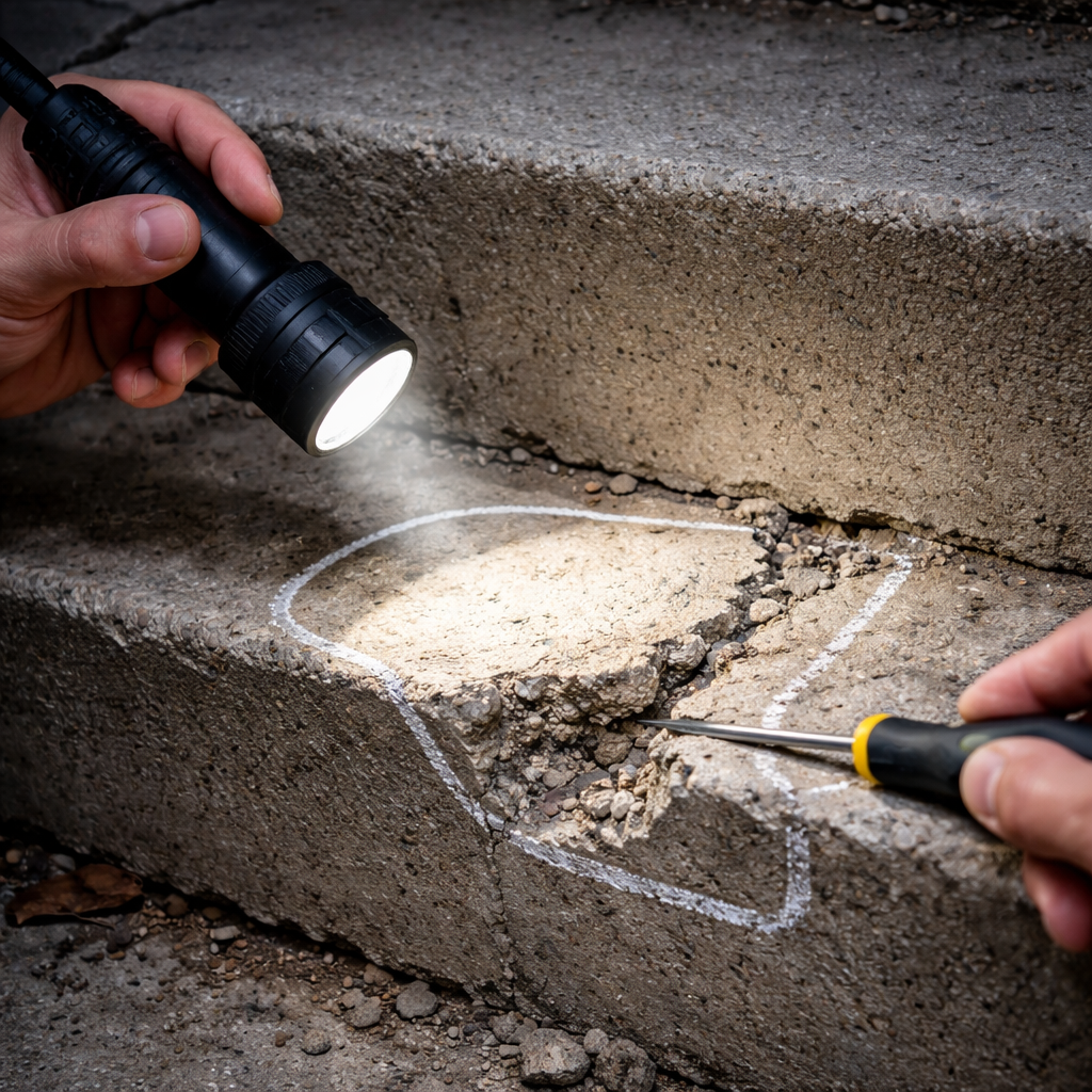 A photorealistic close‑up of a hand holding a flashlight, pointing at a cracked concrete stair, showing chalk marks and a screwdriver probe. Alt: Inspecting crumbling concrete steps for repair.