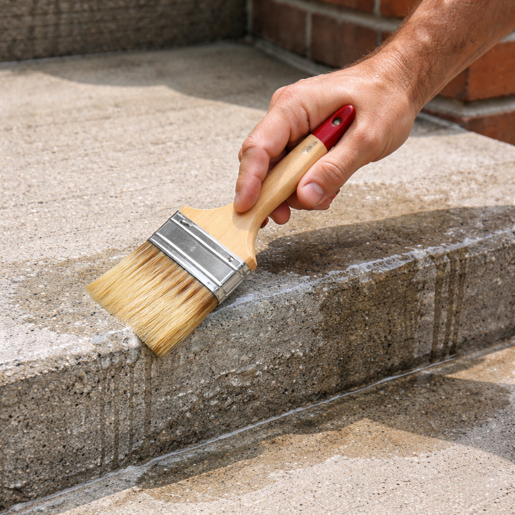 A photorealistic close‑up of a hand applying concrete sealer to a repaired stair step with a brush. Alt: How to finish, seal, and maintain concrete steps