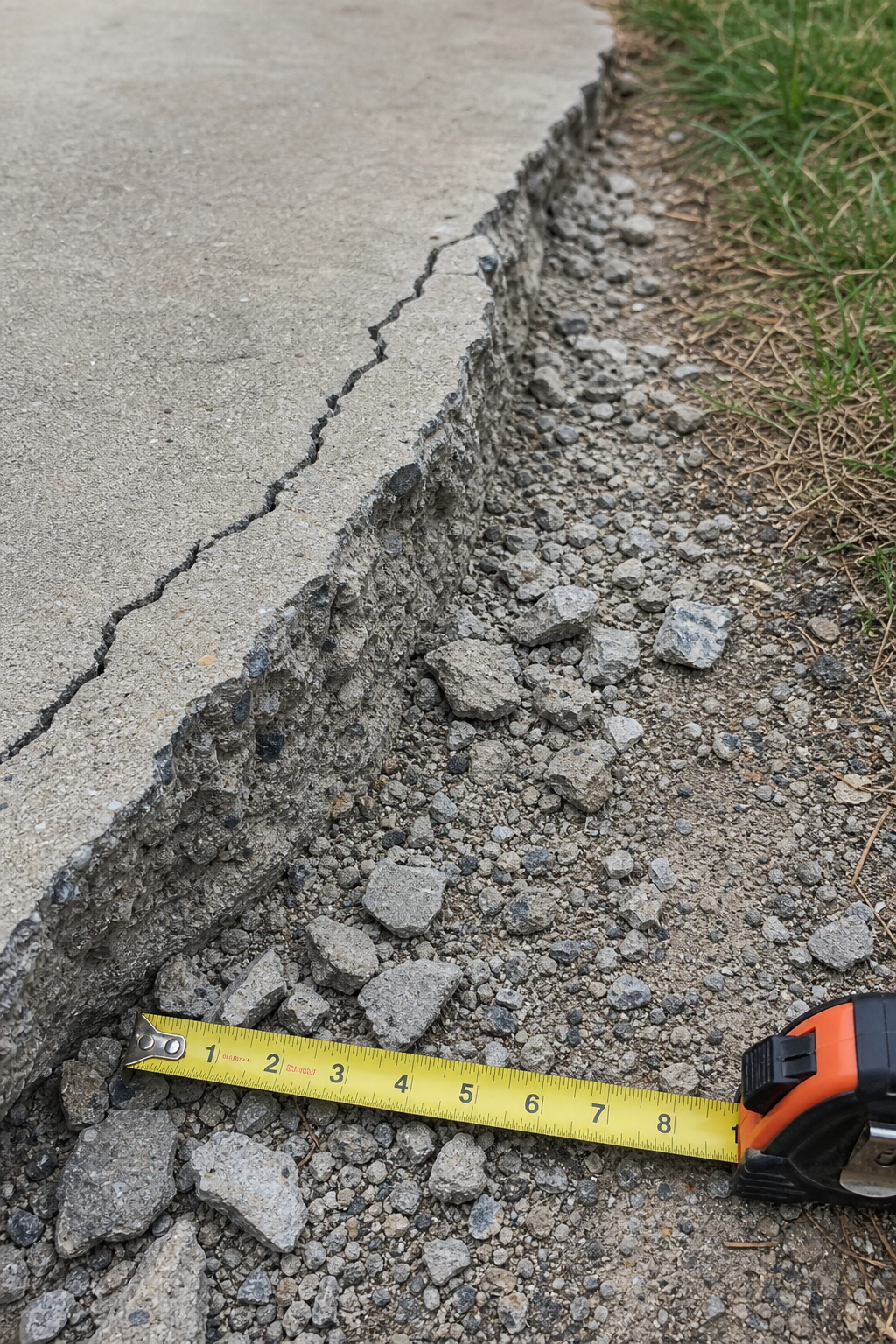 A realistic close-up of a cracked concrete driveway edge with loose bits of concrete and a measuring tape next to it. Alt: damaged concrete driveway edge with crack and debris