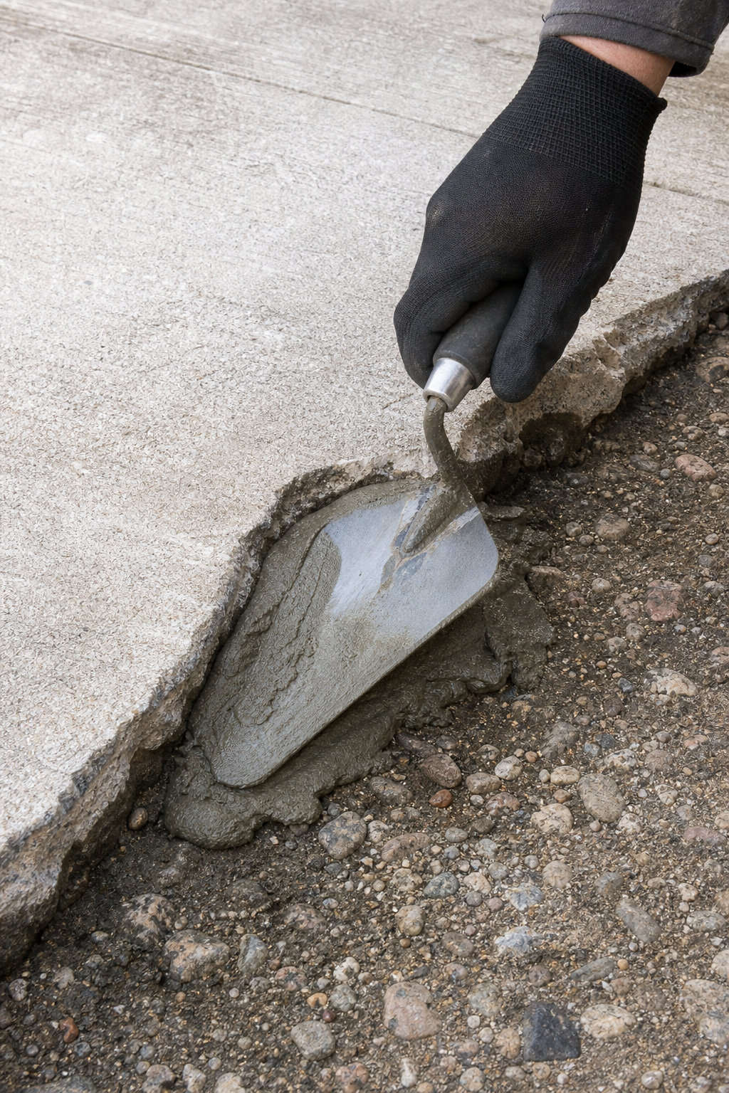 A realistic image of a gloved hand using a margin trowel to press concrete patcher into a damaged driveway edge. Alt: applying concrete repair mix to broken driveway edge with margin trowel