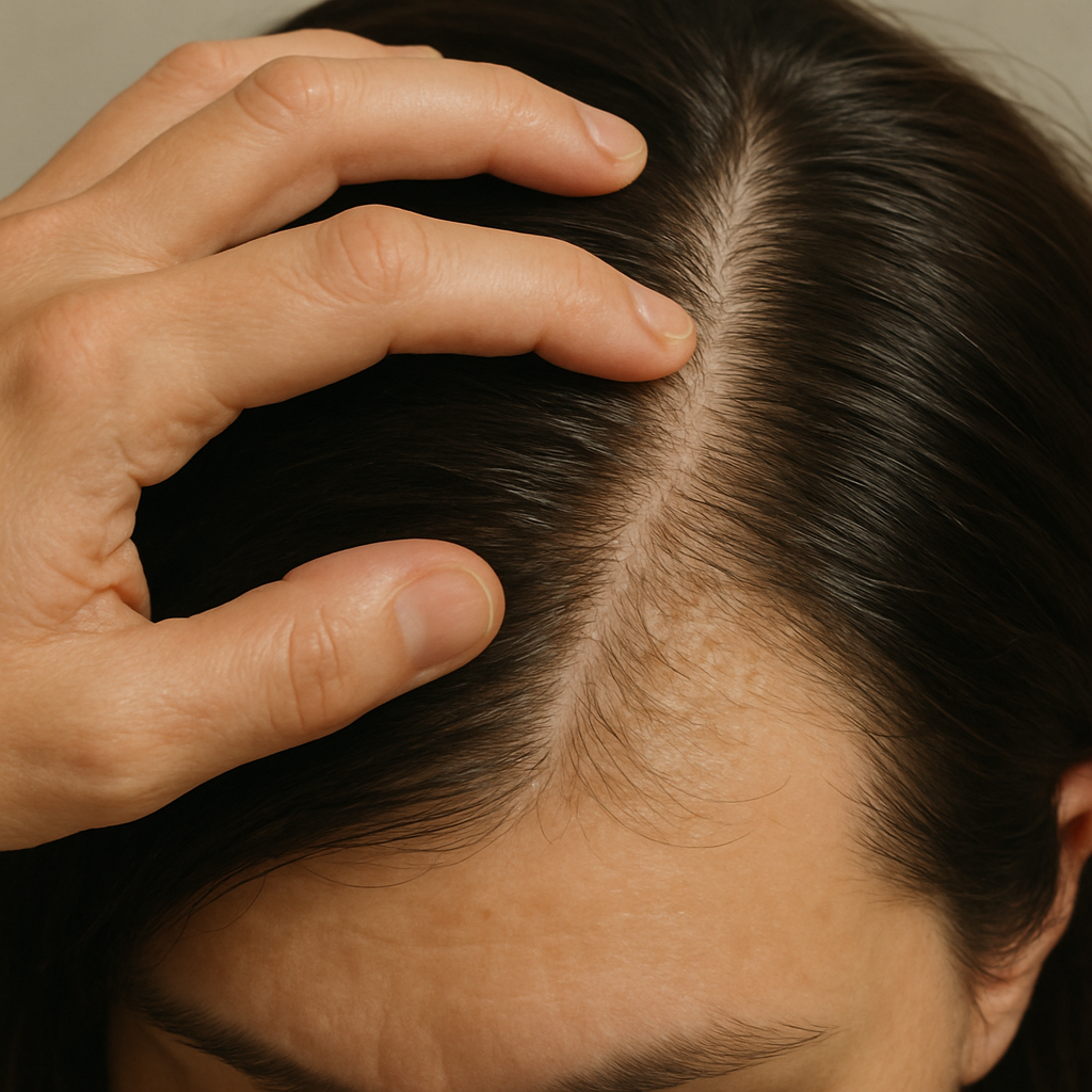 A close‑up of a hand gently feeling a scalp, highlighting areas of oiliness and dryness. Alt: Assessing scalp health for hair follicle repair