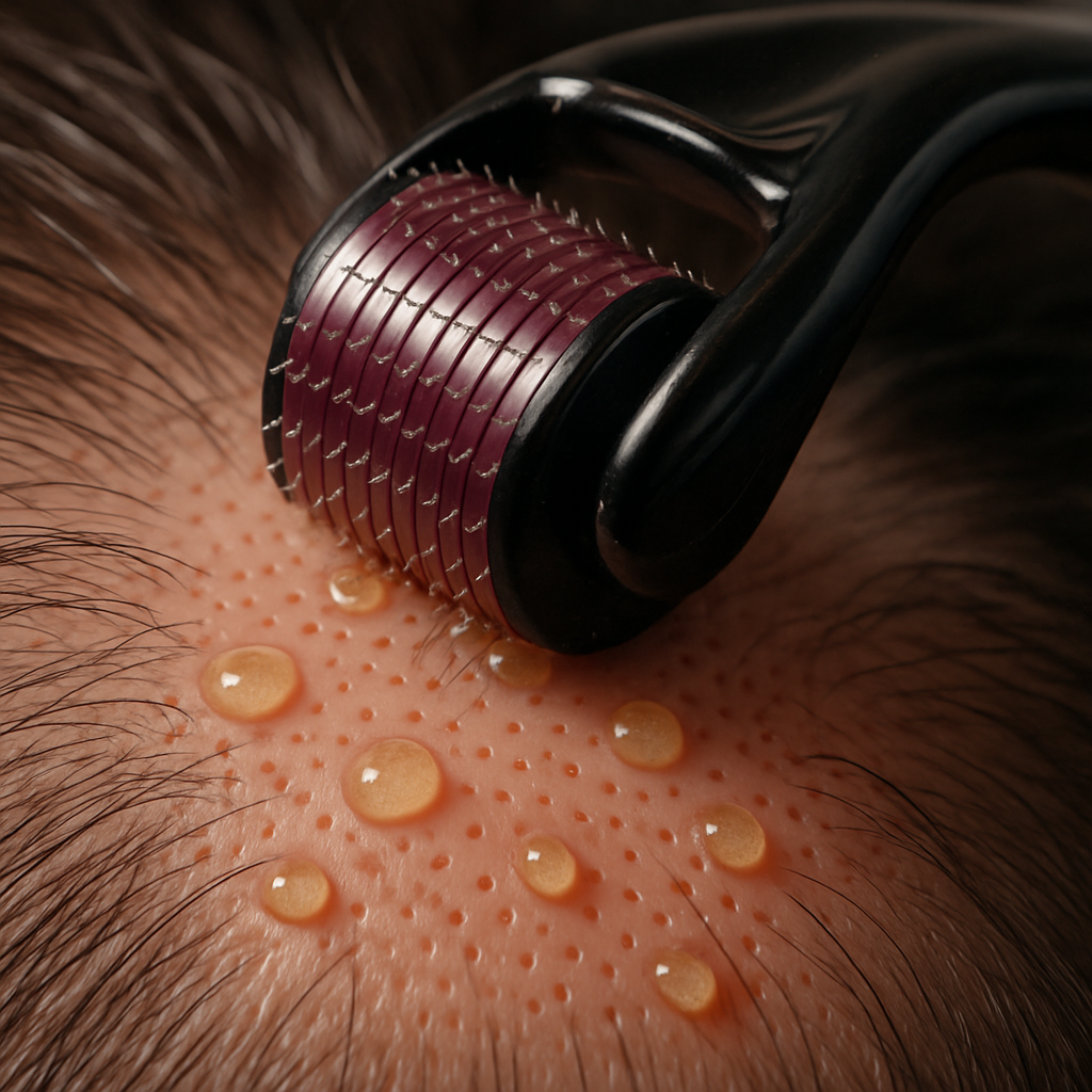 Close‑up of a derma‑roller gliding over a scalp with tiny puncture marks, showing serum droplets being absorbed. Alt: Microneedling scalp stimulation for hair follicle repair