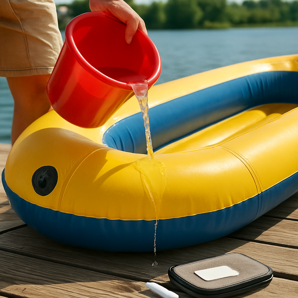 A sunny dock scene where a person is gently rinsing an inflatable raft with a bucket of water, showing close‑up of clean seams and a neatly packed repair kit beside it. Alt: Maintenance routine for inflatable raft to prevent future damage