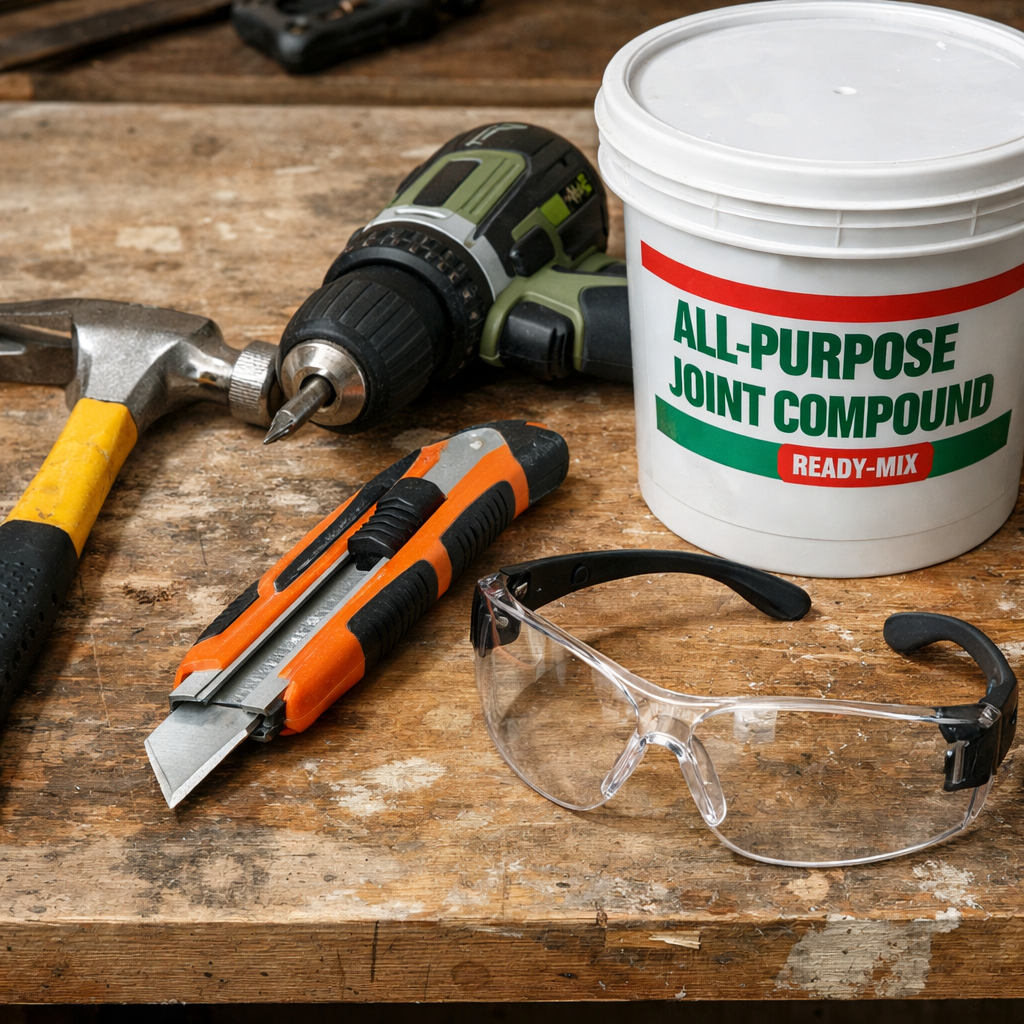 A realistic close‑up of a workbench with hammer, utility knife, drill, joint compound bucket, and safety glasses arranged neatly. Alt: drywall repair tools laid out for nail pop fixing