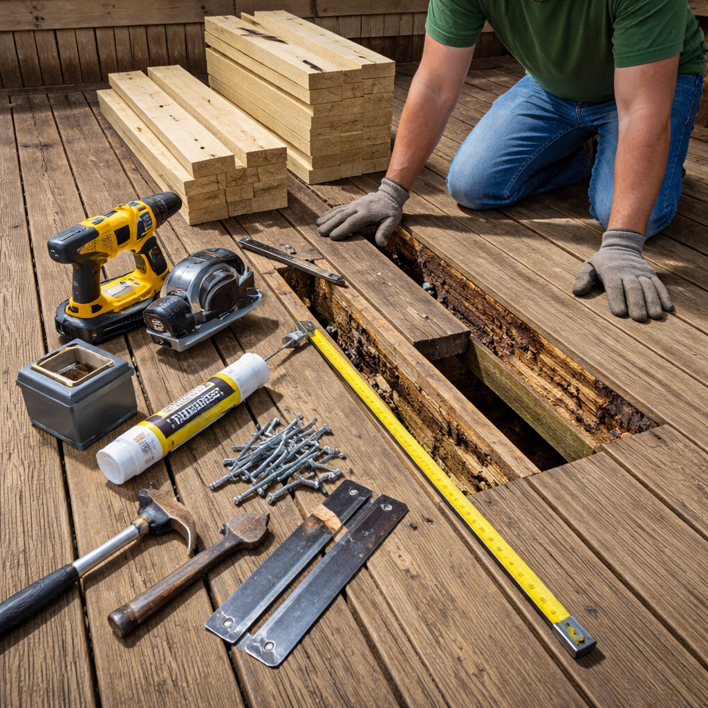 A photorealistic image of a homeowner laying out deck repair tools and lumber on a wooden deck, with a tape measure, saw, bolts, and sealant tube visible. Alt: Gather materials and tools for repairing a rotted deck joist