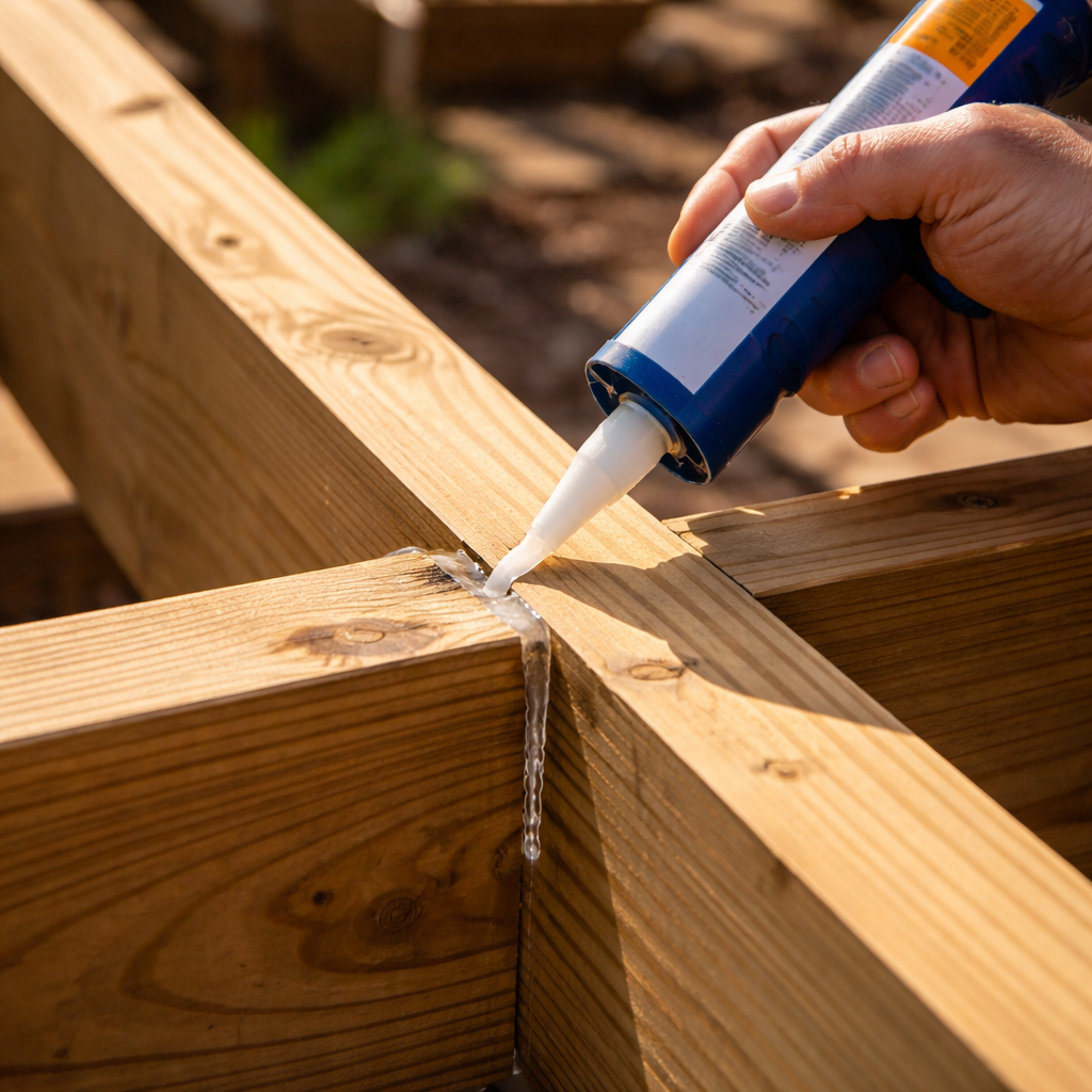 A photorealistic close‑up of a hand applying deck‑grade sealant to the joint of a newly installed deck joist, sunlight highlighting the smooth bead. Alt: Sealing a repaired deck joist for a durable finish.