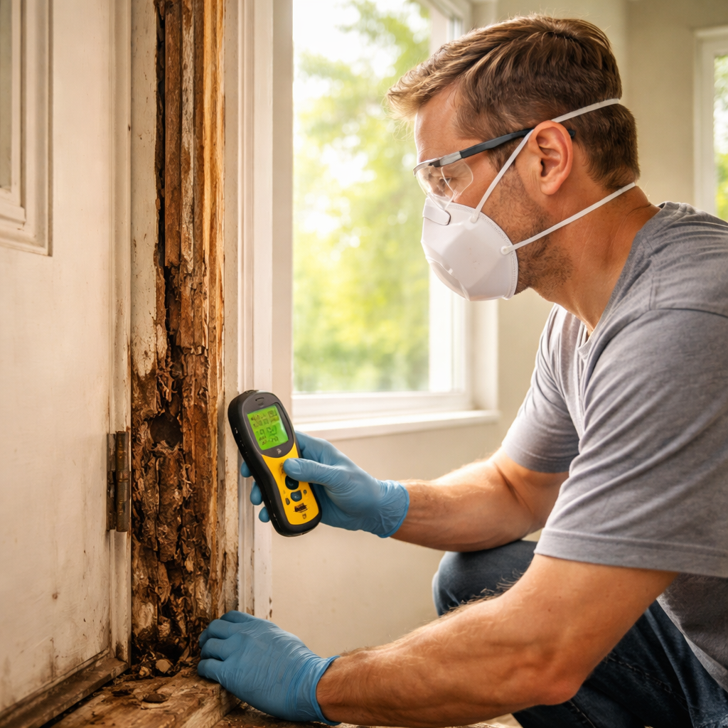 A photorealistic scene of a homeowner in protective gear examining a rotted wooden door frame with a moisture meter, sunlight streaming through a nearby window, showing both damaged and healthy sections of the jamb. Alt: Assessing damage and safety when repairing a rotted door frame.