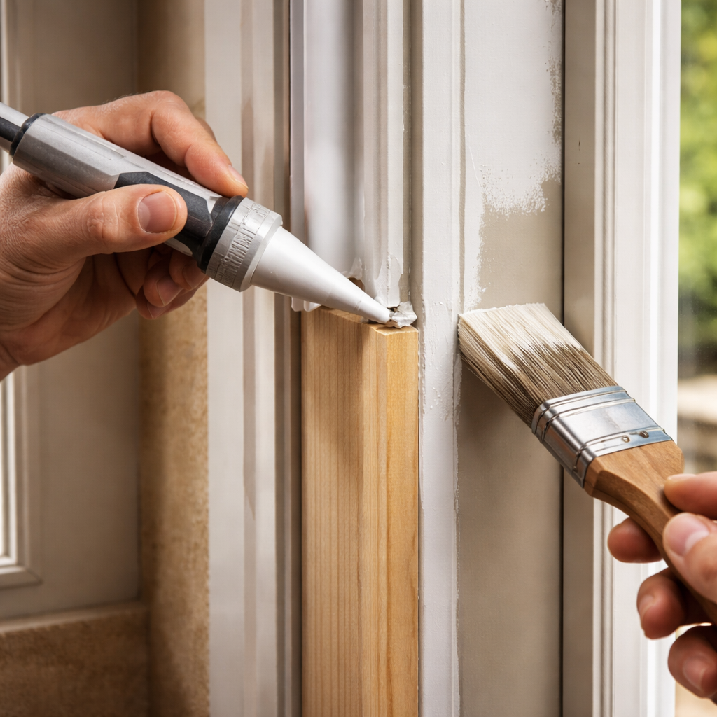 A photorealistic close‑up of a homeowner applying exterior wood adhesive to a newly installed door jamb patch, with a paintbrush loading primer on the surrounding frame. Light streams through the doorway, highlighting the smooth, sealed joint. Alt: Installing and sealing a new door jamb patch for a durable, water‑tight repair.