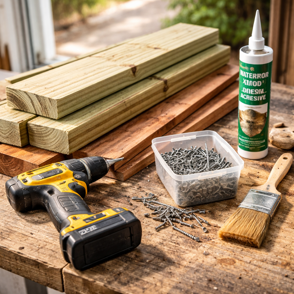 A photorealistic close‑up of a homeowner’s workbench laid out with pressure‑treated lumber, exterior‑grade hardwood, a cordless drill, a box of stainless‑steel screws, a tube of exterior wood adhesive, and a paintbrush, natural daylight streaming in, realistic style. Alt: Materials and tools checklist for repairing a rotted door jamb.