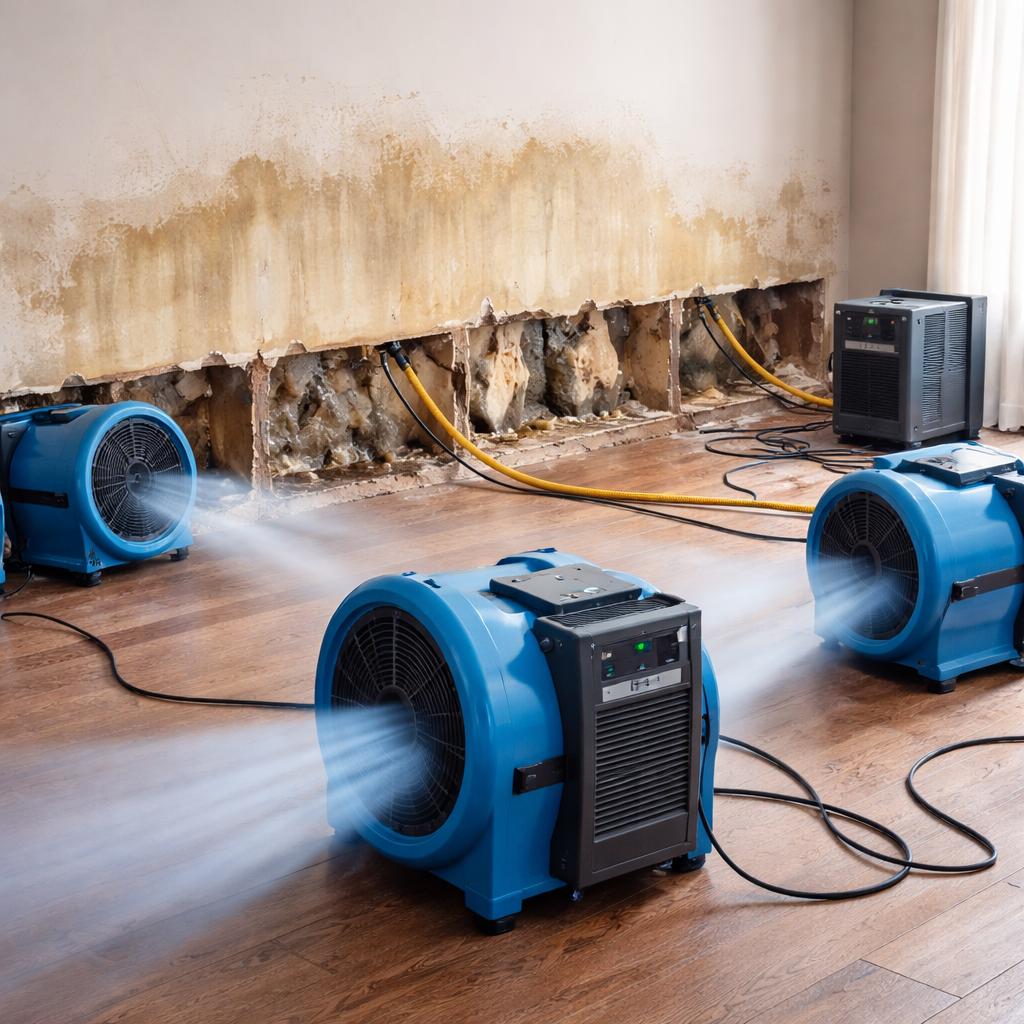 A realistic photo of a room with fans and dehumidifiers drying a water‑damaged wall, showing clear airflow and moisture control. Alt: drying water damaged drywall