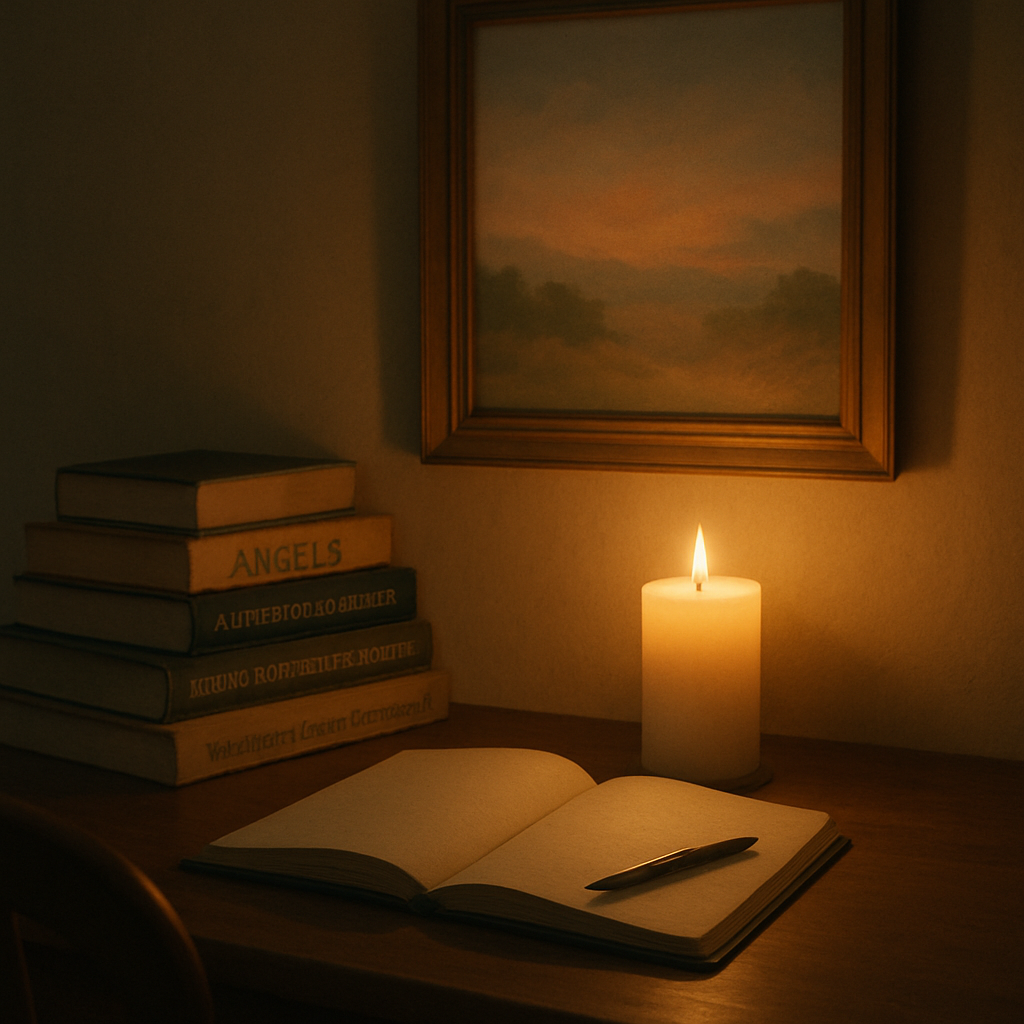 A serene study nook with an open journal, a lit candle, and a soft pastel painting on the wall. Alt: 