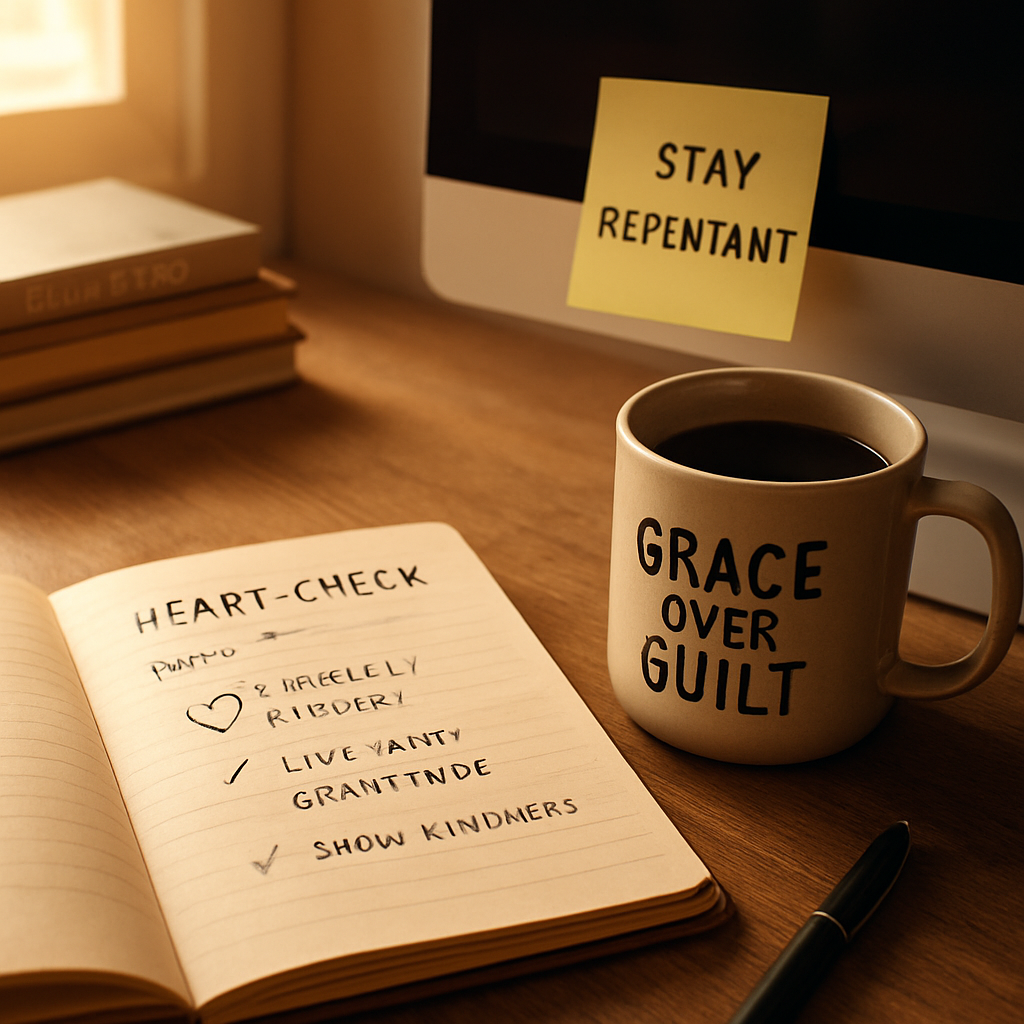 A warm, sunlit workspace with a journal open to a daily “heart‑check” entry, a coffee mug with the phrase “Grace over guilt” beside it, and a sticky note on the monitor reminding the reader to stay repentant. Alt: Visual guide to maintaining a repentant heart with daily checks and gratitude reminders.