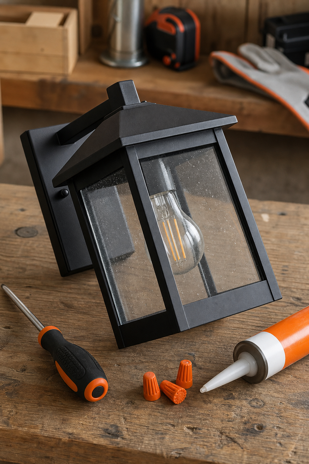 A realistic shot of a new black outdoor wall light fixture on a workbench with a screwdriver, wire nuts, and a tube of silicone sealant next to it. Alt: New exterior light fixture with installation tools.