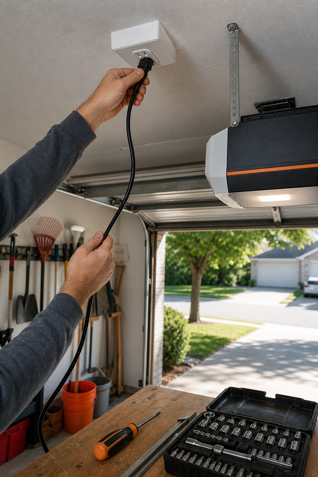 A photorealistic image of a garage with the door open, showing a person's hands unplugging a garage door opener from a ceiling outlet. The focus is on the power cord and the outlet, with tools like a screwdriver and socket set laid out on a workbench nearby. Alt: Disconnecting power from a garage door opener before replacement.