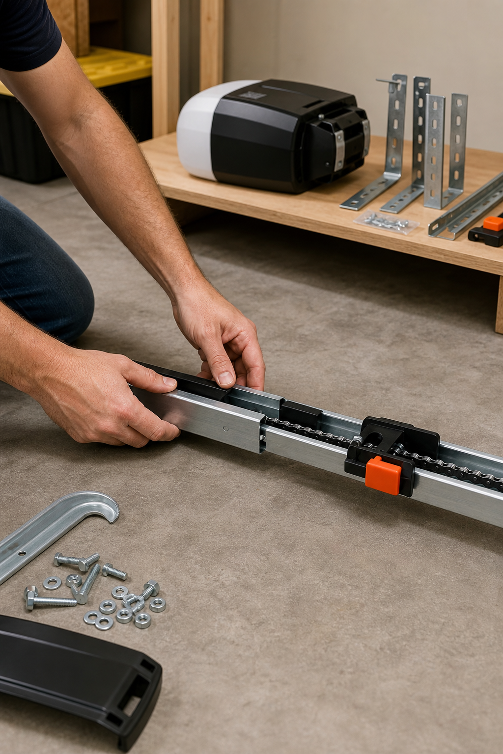 A photorealistic view of a new garage door opener rail being assembled on a garage floor, with the trolley and chain visible. A person's hands are aligning the rail sections. In the background, the new motor unit and mounting brackets are on a workbench. Alt: Assembling the rail for a new garage door opener before mounting.