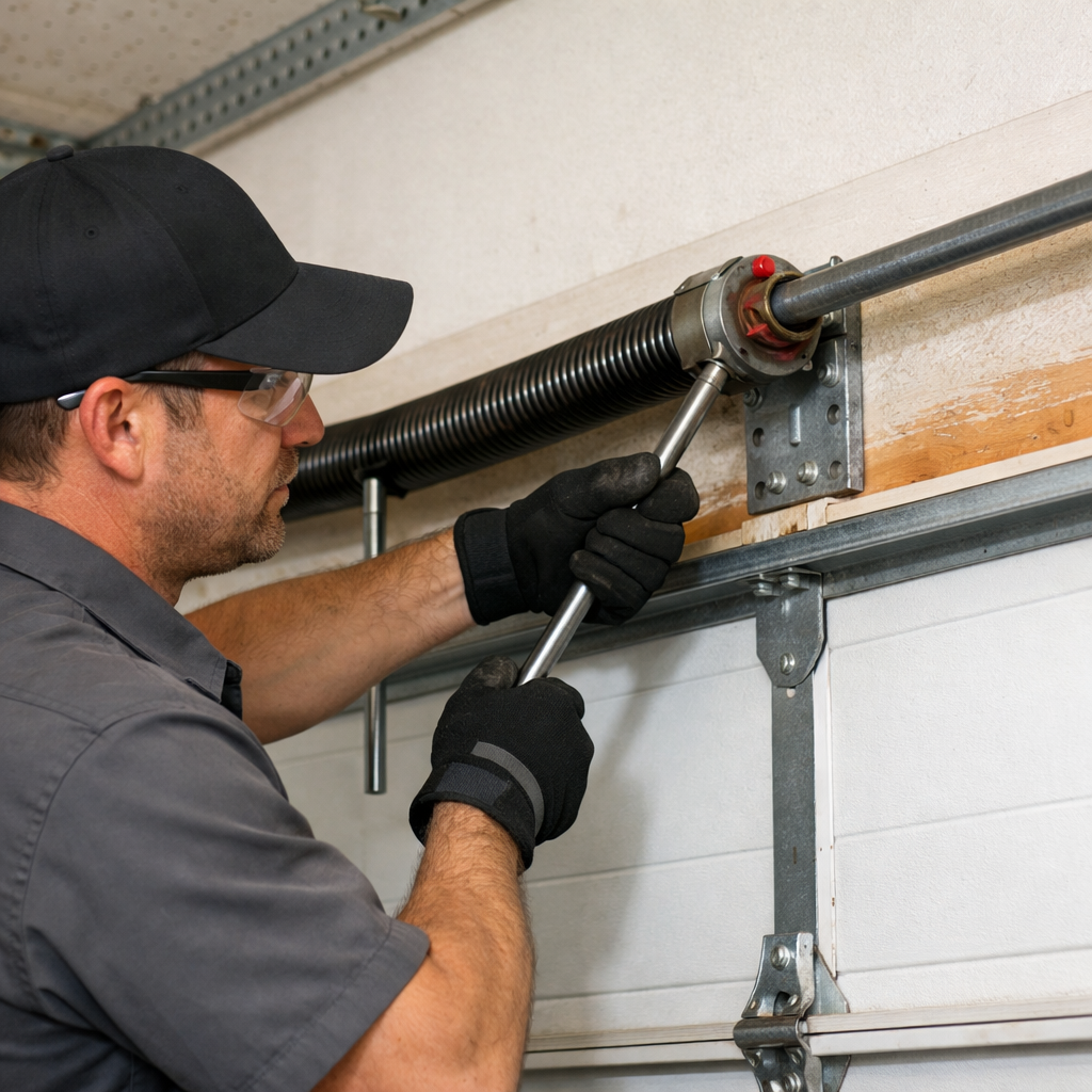 A realistic shot of a garage door with a technician unwinding a torsion spring using an 18‑inch steel rod. Alt: technician releasing tension on garage door spring